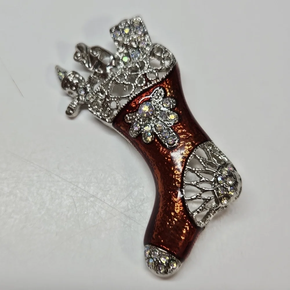 VINTAGE Red Enamel Ornate Silver Tone Christmas Stocking Toys Brooch Pin